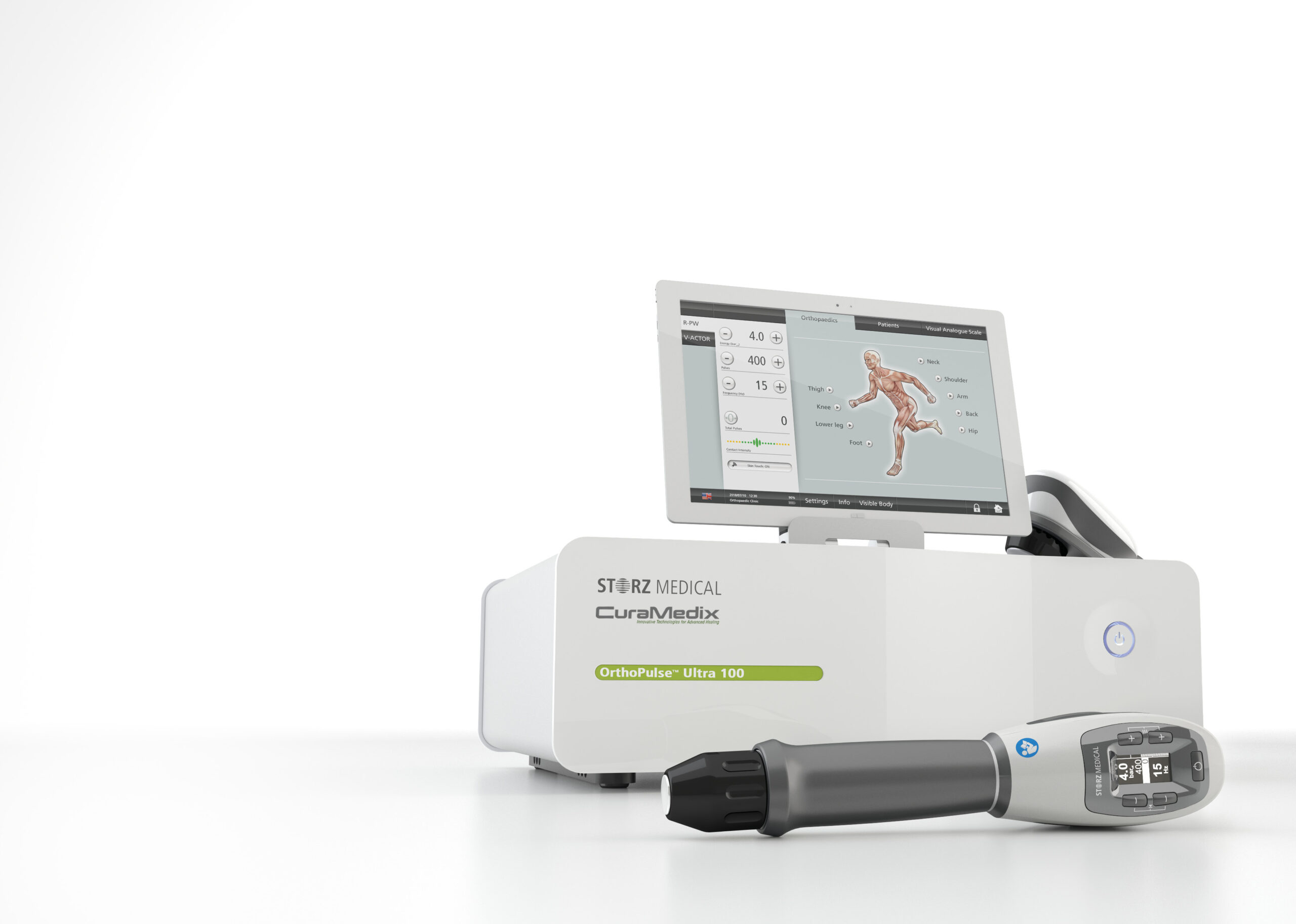 Our professional shockwave therapy system, the Storz Medical CuraMedix OrthoPulse Ultra 100: a white tabletop machine with a touchscreen that displays a map of the human body used to plan treatment, with a gray handheld treatment wand resting in front of it.